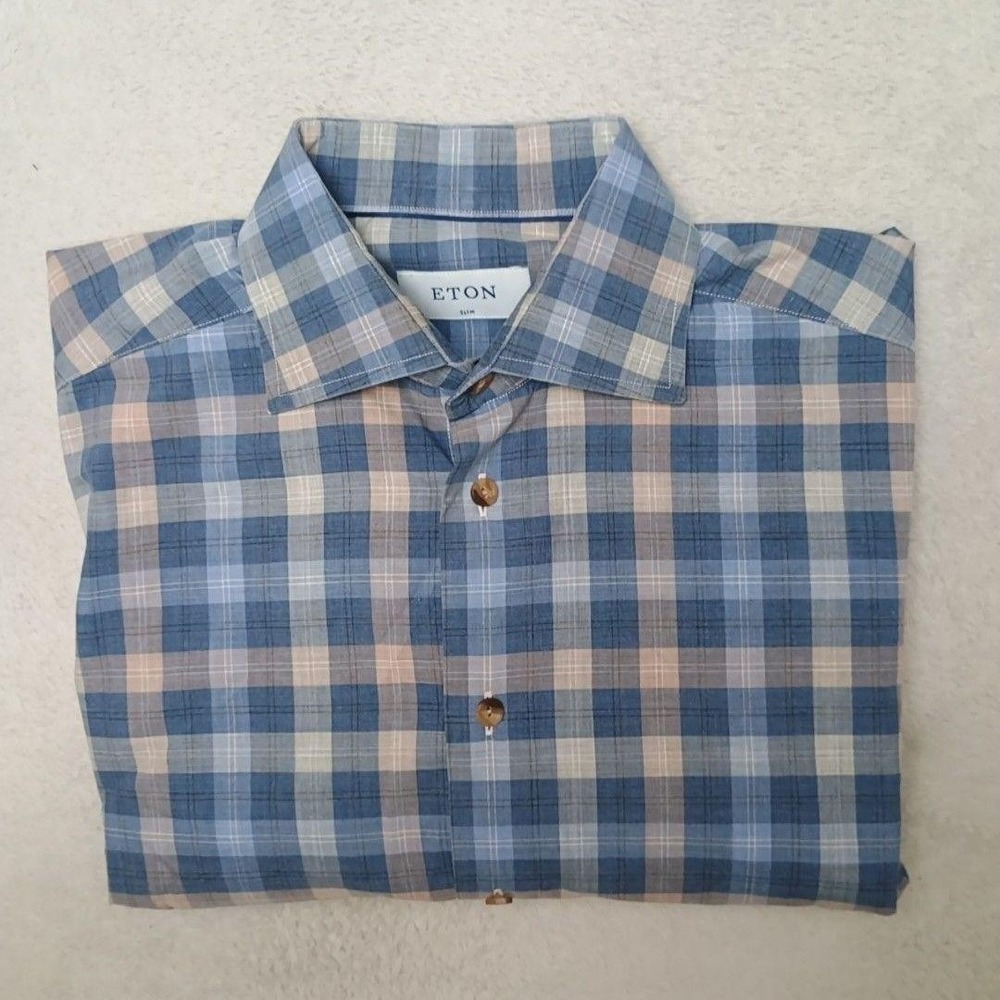 Eton Shirt Mens 16 Blue Plaid Button-Up Slim Fit Long Sleeve Cotton Sweden